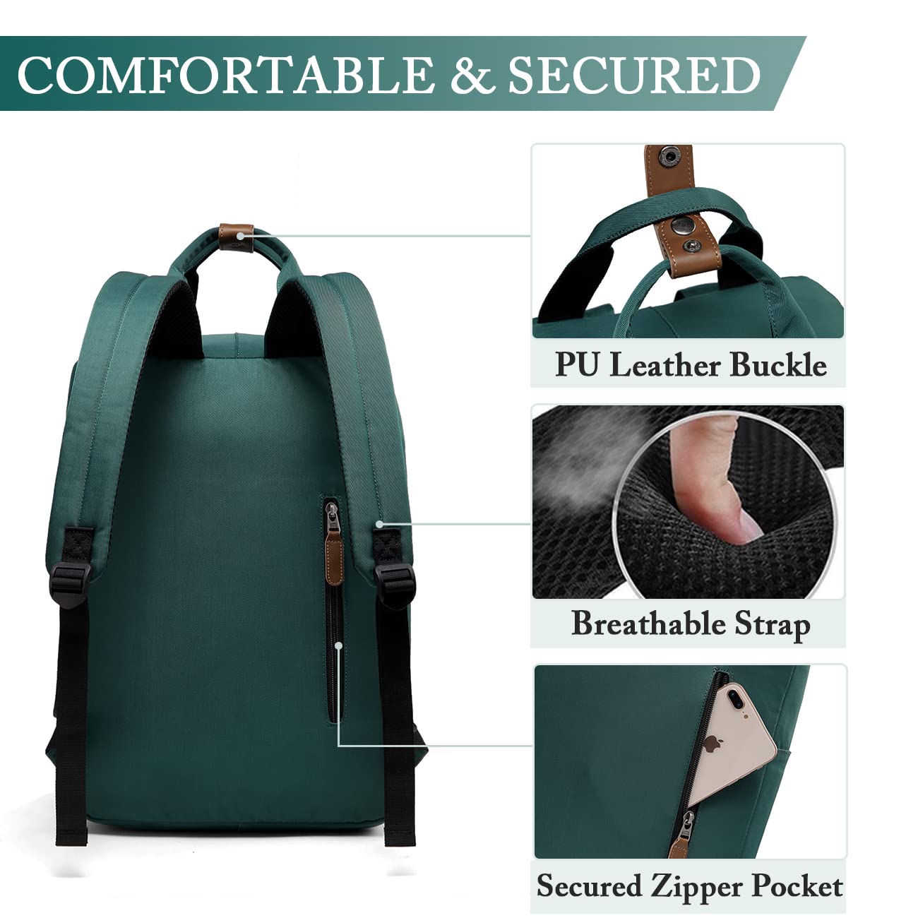 VASCHY School Backpack for Women Men, Travel Backpack Water Resistant College High School Computer Bag Student Bookbag,Green