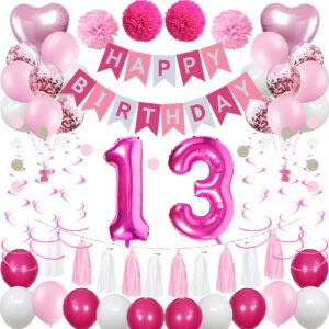 sweet 13rd birthday decorations for girls, pink and white 13 happy birthday balloons，13rd birthday party supplies for daughter her kids including pink happy birthday banner, hot pink number 13 foil