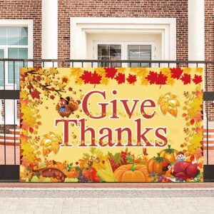 Fecedy Give Thanks Extra Large Fabric Sign Poster Banner Backdrop Pumpkin Maple Leaf Turkey Corn Fruit for Thanksgiving Day Party Decorations Welcome Autumn Hang Outdoor Indoor