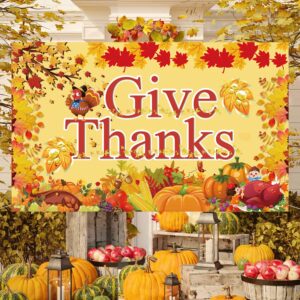 Fecedy Give Thanks Extra Large Fabric Sign Poster Banner Backdrop Pumpkin Maple Leaf Turkey Corn Fruit for Thanksgiving Day Party Decorations Welcome Autumn Hang Outdoor Indoor