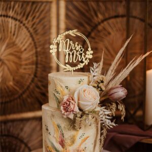 HappyPlywood Wedding Cake Toppers Mr Mrs Wooden Cake Topper with Leaves Floral