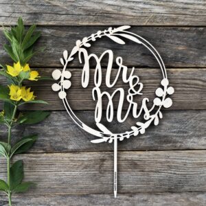 HappyPlywood Wedding Cake Toppers Mr Mrs Wooden Cake Topper with Leaves Floral