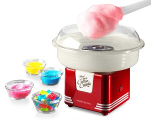 nostalgia cotton candy machine - retro cotton candy machine for kids with 2 reusable cones, 1 sugar scoop, and 1 extractor head – red