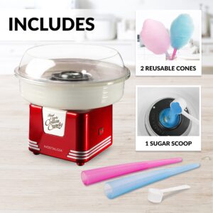 Nostalgia Cotton Candy Machine - Retro Cotton Candy Machine for Kids with 2 Reusable Cones, 1 Sugar Scoop, and 1 Extractor Head – Red