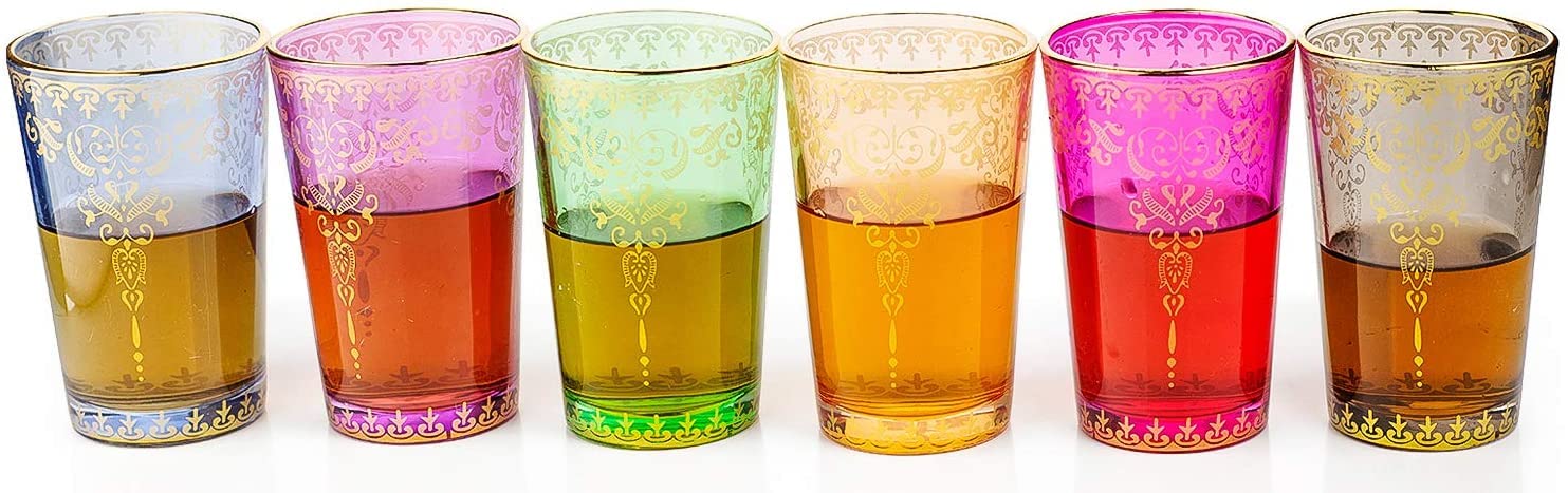 The Wine Savant Moroccan Glasses Artisan Hand-Made Multipurpose 170 ml 6 oz Tea and Wine Morrocan Tumbler Marrakech & Casablanca Tea Cups Set of 6 (6 Colors)