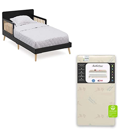 Delta Children Logan Wood Toddler Bed + Simmons Kids SlumberTime Naturally 2-Stage Premium Foam Crib and Toddler Mattress - Waterproof - GREENGUARD Certified [Bundle], Midnight Grey/Natural