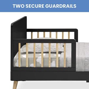 Delta Children Logan Wood Toddler Bed + Simmons Kids SlumberTime Naturally 2-Stage Premium Foam Crib and Toddler Mattress - Waterproof - GREENGUARD Certified [Bundle], Midnight Grey/Natural