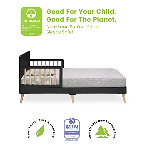 Delta Children Logan Wood Toddler Bed + Simmons Kids SlumberTime Naturally 2-Stage Premium Foam Crib and Toddler Mattress - Waterproof - GREENGUARD Certified [Bundle], Midnight Grey/Natural