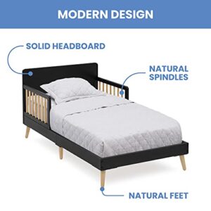 Delta Children Logan Wood Toddler Bed + Simmons Kids SlumberTime Naturally 2-Stage Premium Foam Crib and Toddler Mattress - Waterproof - GREENGUARD Certified [Bundle], Midnight Grey/Natural