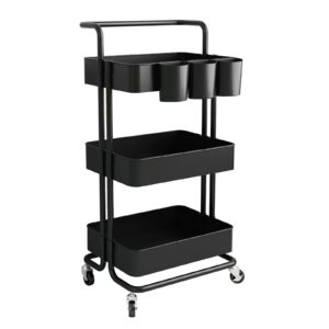 aiyaka 3-tier rolling utility storage cart, multifunction trolley service cart, with mesh basket handles and wheels, for bathroom, kitchen, office, black
