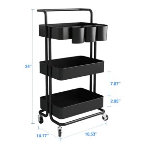 AIYAKA 3-Tier Rolling Utility Storage Cart, Multifunction Trolley Service Cart, with Mesh Basket Handles and Wheels, for Bathroom, Kitchen, Office, Black