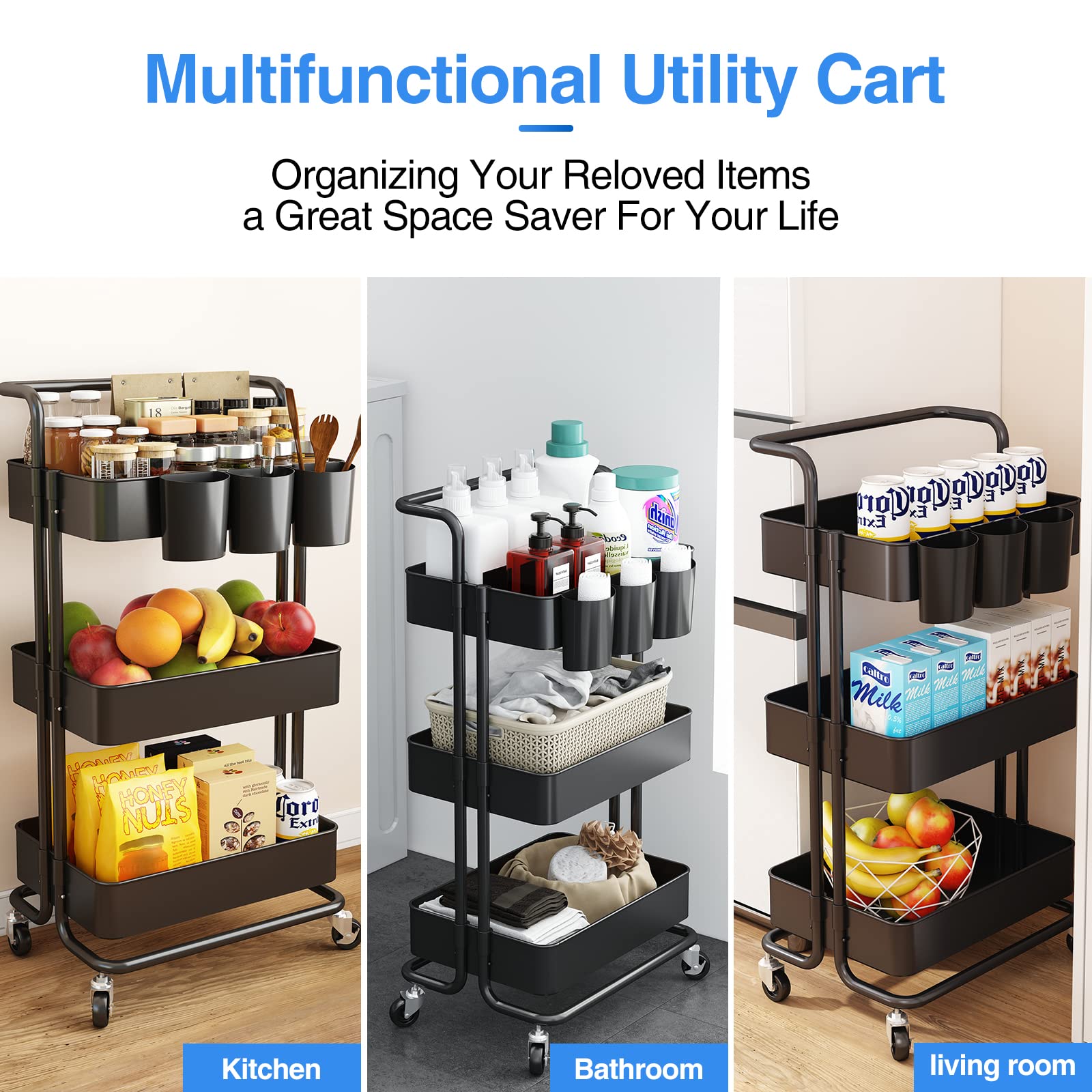 AIYAKA 3-Tier Rolling Utility Storage Cart, Multifunction Trolley Service Cart, with Mesh Basket Handles and Wheels, for Bathroom, Kitchen, Office, Black