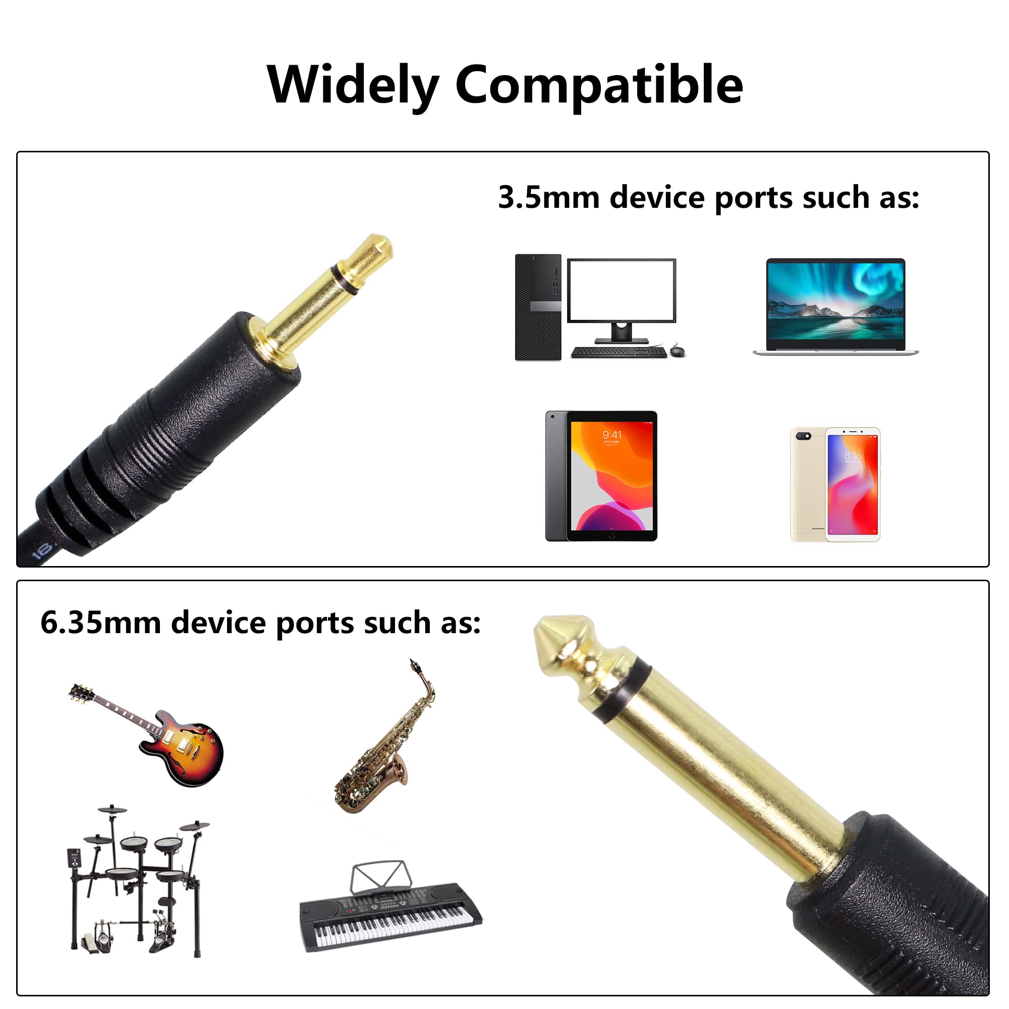 RIIEYOCA 1/8" to 1/4" TS Cable, Gold Plated 3.5mm Mono Male to 6.35mm Mono Male Audio Cable for Amplifier, Speaker,Guitar(2m/6.56ft)