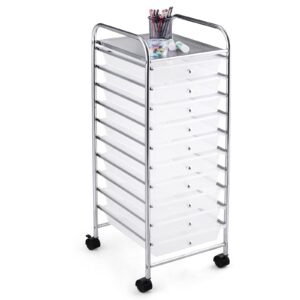 oralner 10-drawer rolling storage cart, 10 tiers utility cart w/wheels, metal frame home office school organizer cart, mobile space saving file storage organizer cart w/lockable casters (clear)