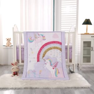 wowelife unicorn crib bedding set purple, premium 3-piece baby bedding set unicorn, baby girl nursery crib set, breathable and soft for boy and girl