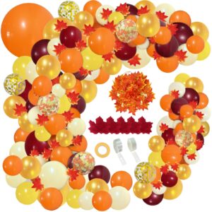 perpaol 141pcs fall balloons garland arch kit, fall decorations orange burgundy balloons for thanksgiving autumn little pumpkin shower birthday party decorations with fall leaves and maple garland