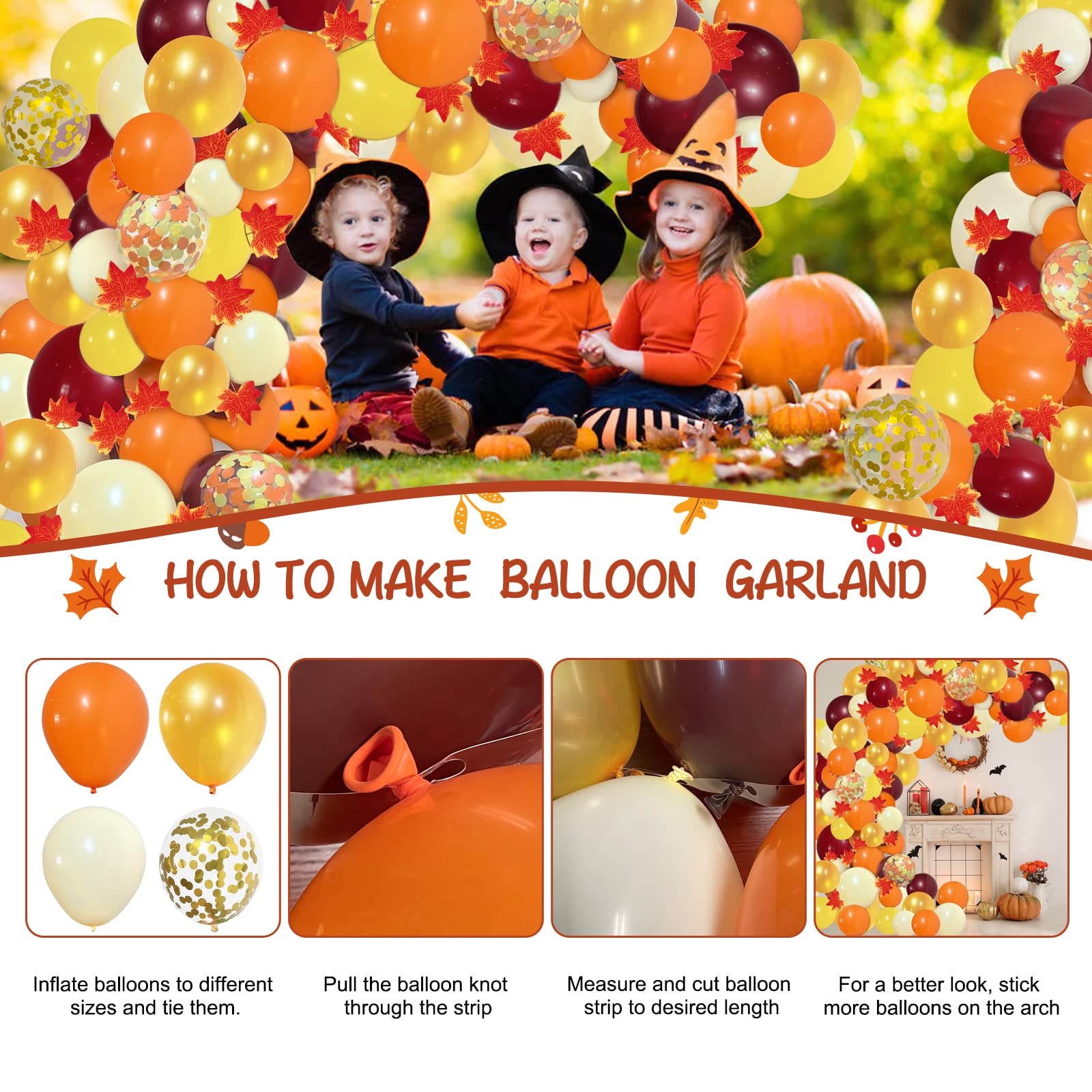 PERPAOL 141pcs Fall Balloons Garland Arch Kit, Fall Decorations Orange Burgundy balloons for Thanksgiving Autumn Little Pumpkin Shower Birthday Party Decorations with Fall Leaves and Maple Garland