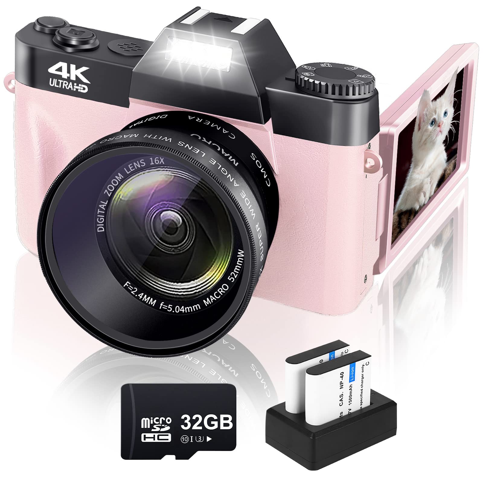 Digital Cameras for Photography VJIANGER 4K 48MP YouTube Camera for Vlogging with 3.0" Flip Screen, 16X Digital Zoom, Include 52MM Wide Angle & Macro Lens, 32GB SD Card, 2 Batteries (Re7-Pink)