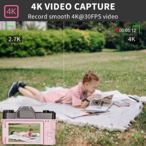 Digital Cameras for Photography VJIANGER 4K 48MP YouTube Camera for Vlogging with 3.0" Flip Screen, 16X Digital Zoom, Include 52MM Wide Angle & Macro Lens, 32GB SD Card, 2 Batteries (Re7-Pink)