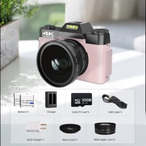 Digital Cameras for Photography VJIANGER 4K 48MP YouTube Camera for Vlogging with 3.0" Flip Screen, 16X Digital Zoom, Include 52MM Wide Angle & Macro Lens, 32GB SD Card, 2 Batteries (Re7-Pink)