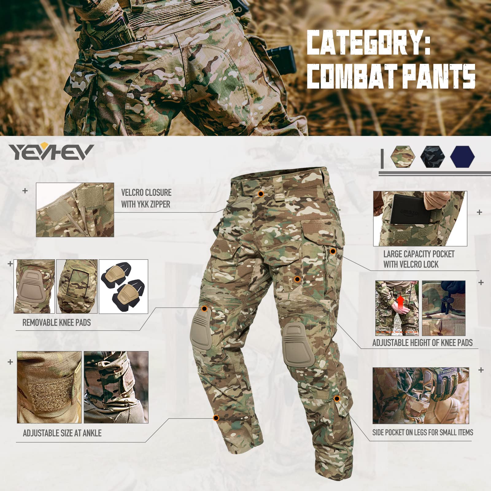 YEVHEV G3 Combat Pants Tactical Trousers Military Apparel Camouflage Clothing Paintball Gear with Knee Pads for Men