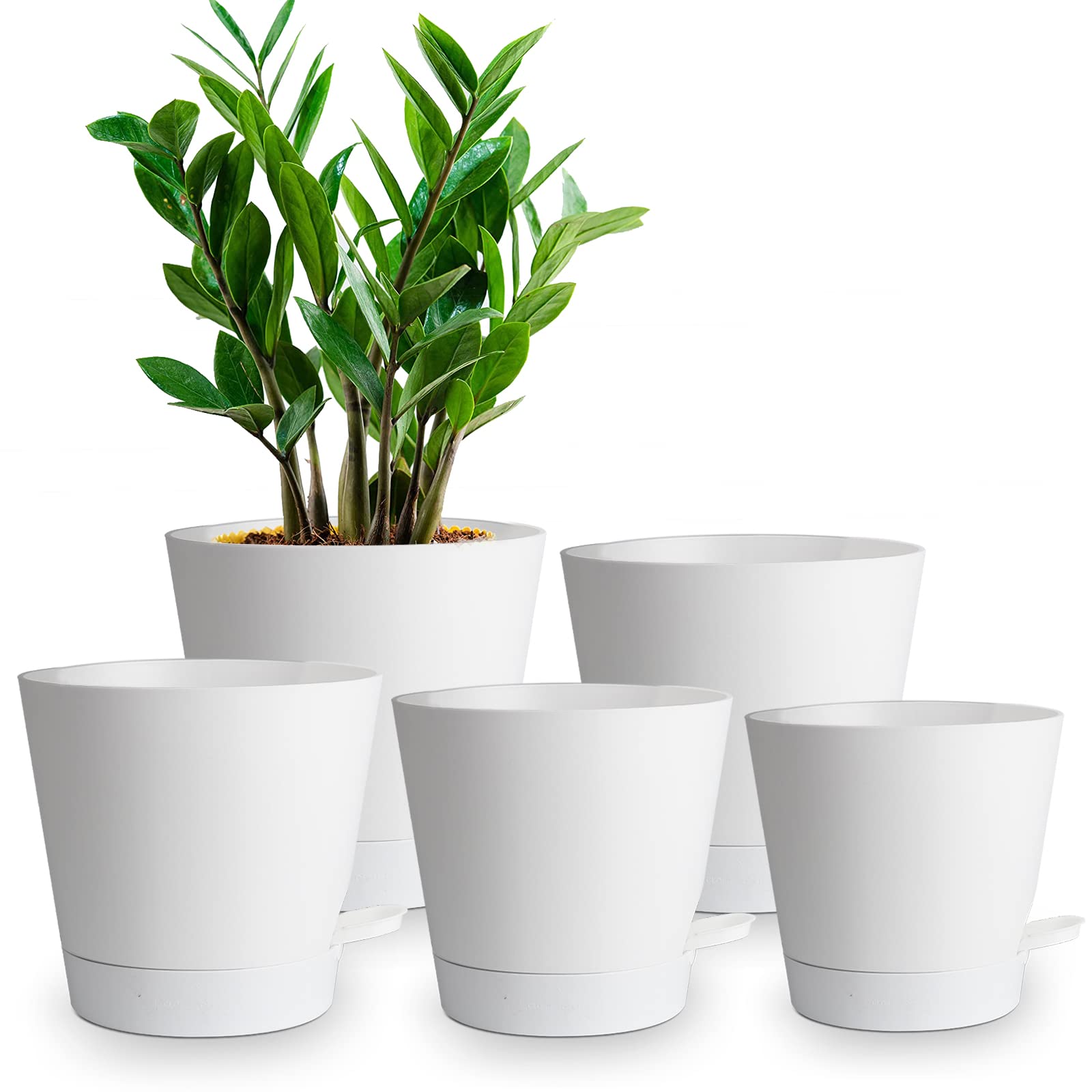 WOUSIWER Self Watering Planters 7/6.5/6/5.5/5 inch, Plant Pots with High Drainage Holes and Reservoir for Indoor Outdoor WindowSill Flowers and Plants, White