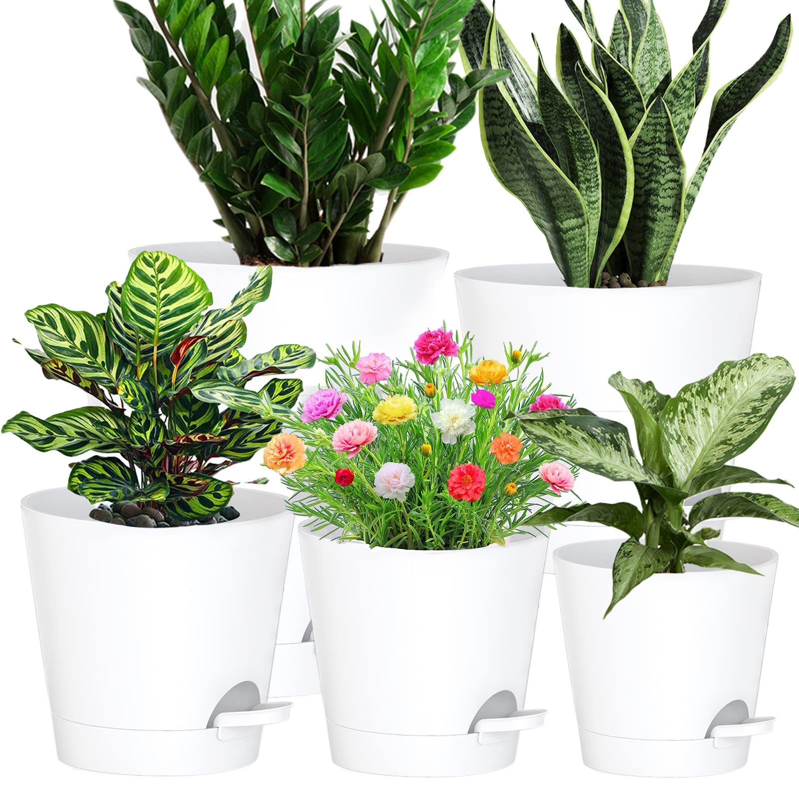 WOUSIWER Self Watering Planters 7/6.5/6/5.5/5 inch, Plant Pots with High Drainage Holes and Reservoir for Indoor Outdoor WindowSill Flowers and Plants, White