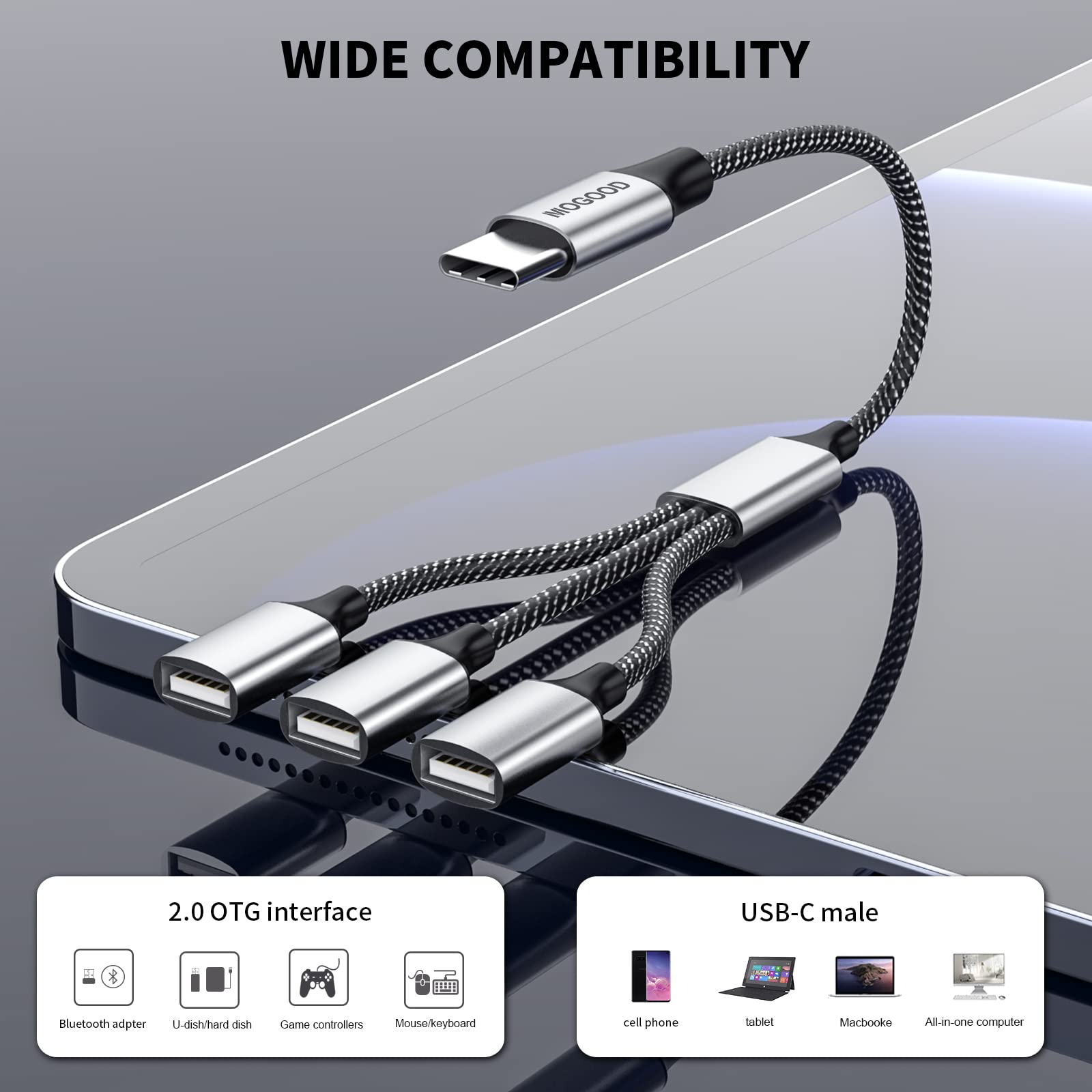 USB C Male to Three USB Female Cable,USB c Splitter to USB USB c Splitter Audio and Charging Type C to 3 Type A 2.0 Port Splitter Multi Hub for MacBook,iPad Pro Air,Microsoft Surface Go,PC,Laptop