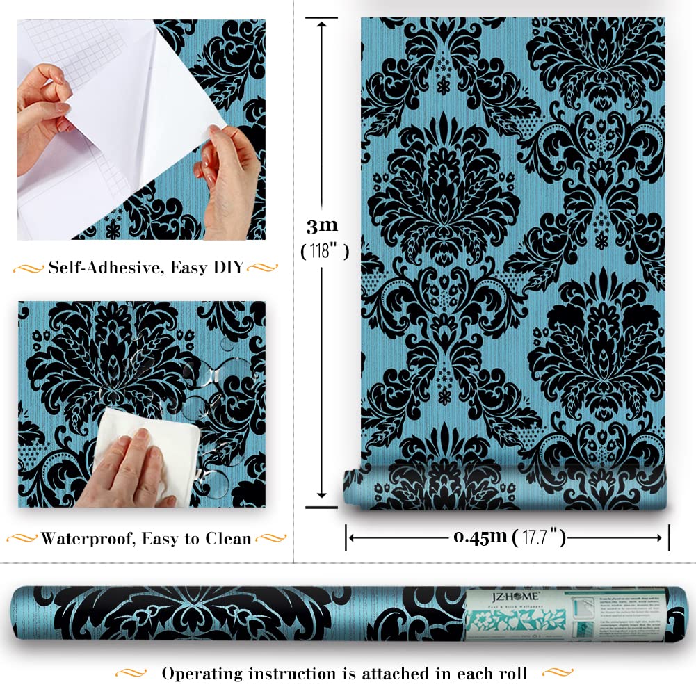 JZ·HOME Y1255 Damask Peel and Stick Wallpaper 17.7" x 9.8ft Removable Contact Paper Self-Adhesive Damask Furniture Paper Drawer Shelf Liner Vinyl Decorative Film