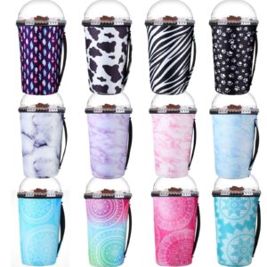 boao 12 pieces reusable iced coffee cup sleeve insulator neoprene beverages cup cover holder for tumbler cup hot cold drinks, with handle(32 ounce (pack of 1), vintage style)