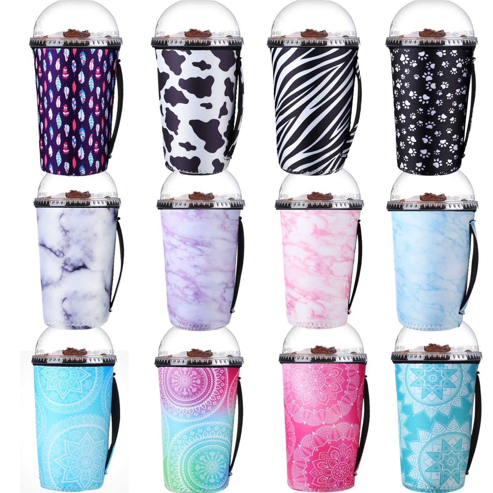 Boao 12 Pieces Reusable Iced Coffee Cup Sleeve Insulator Neoprene Beverages Cup Cover Holder for Tumbler Cup Hot Cold Drinks, with Handle(32 Ounce (pack of 1), Vintage Style)