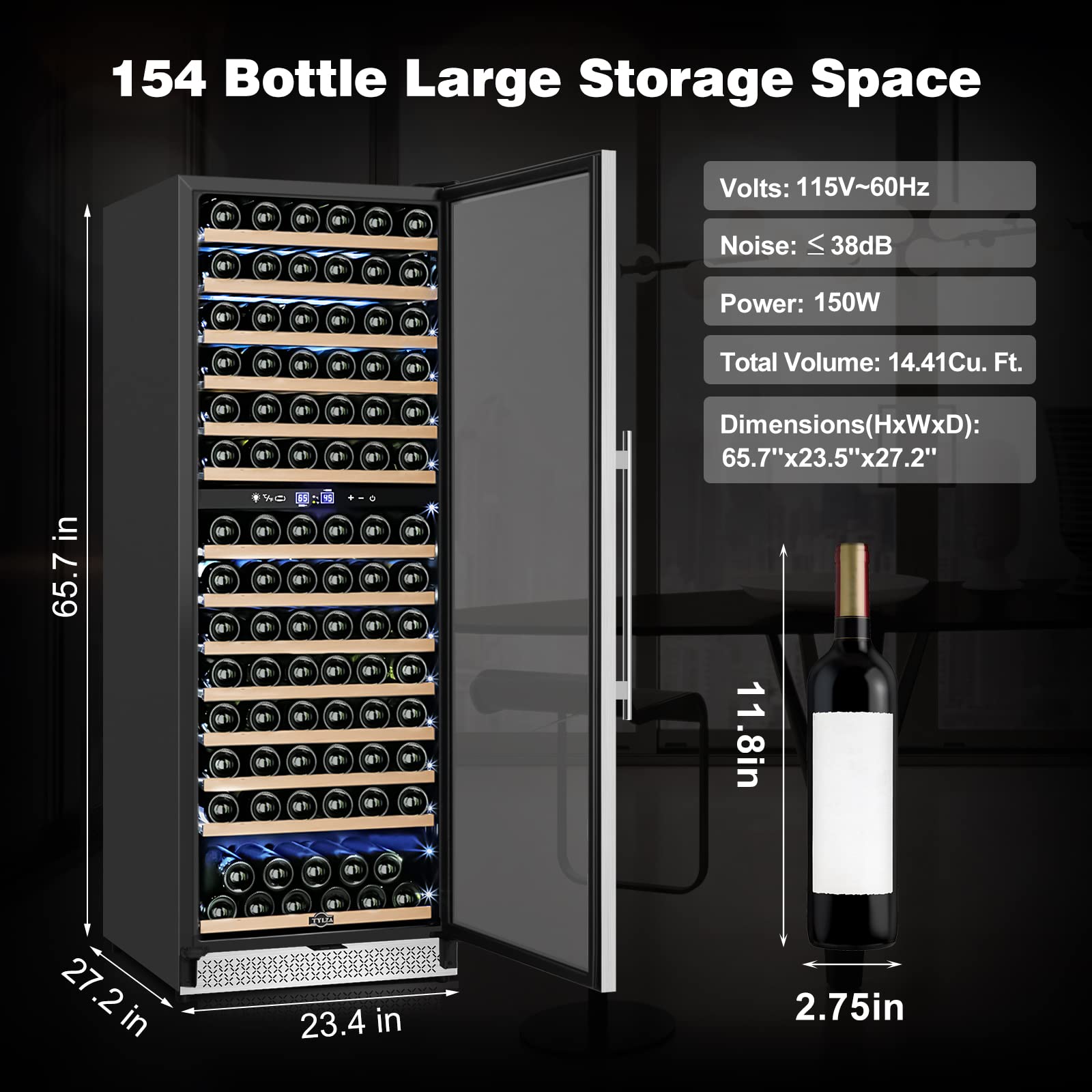 Tylza 24 Inch Wine Fridge Dual Zone, 154 Bottle Wine Cooler Refrigerator With Stainless Steel and Professional Compressor, Fast Cooling Low Noise and No Fog Built-in or Freestanding