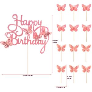 MILIYUKI 13-Pieces 3D Butterfly Cupcake Topper for Girls Women's Happy Birthday Cake Decorations Party Decorations(Pink)