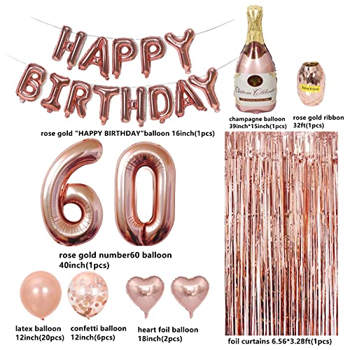 60th Birthday Decorations for Women,Rose Gold 60th Birthday Party Supplies for Women,Happy 60th Birthday Balloons for Women,Number 60 Balloons Rose Gold,Happy Birthday Banner Balloons Set