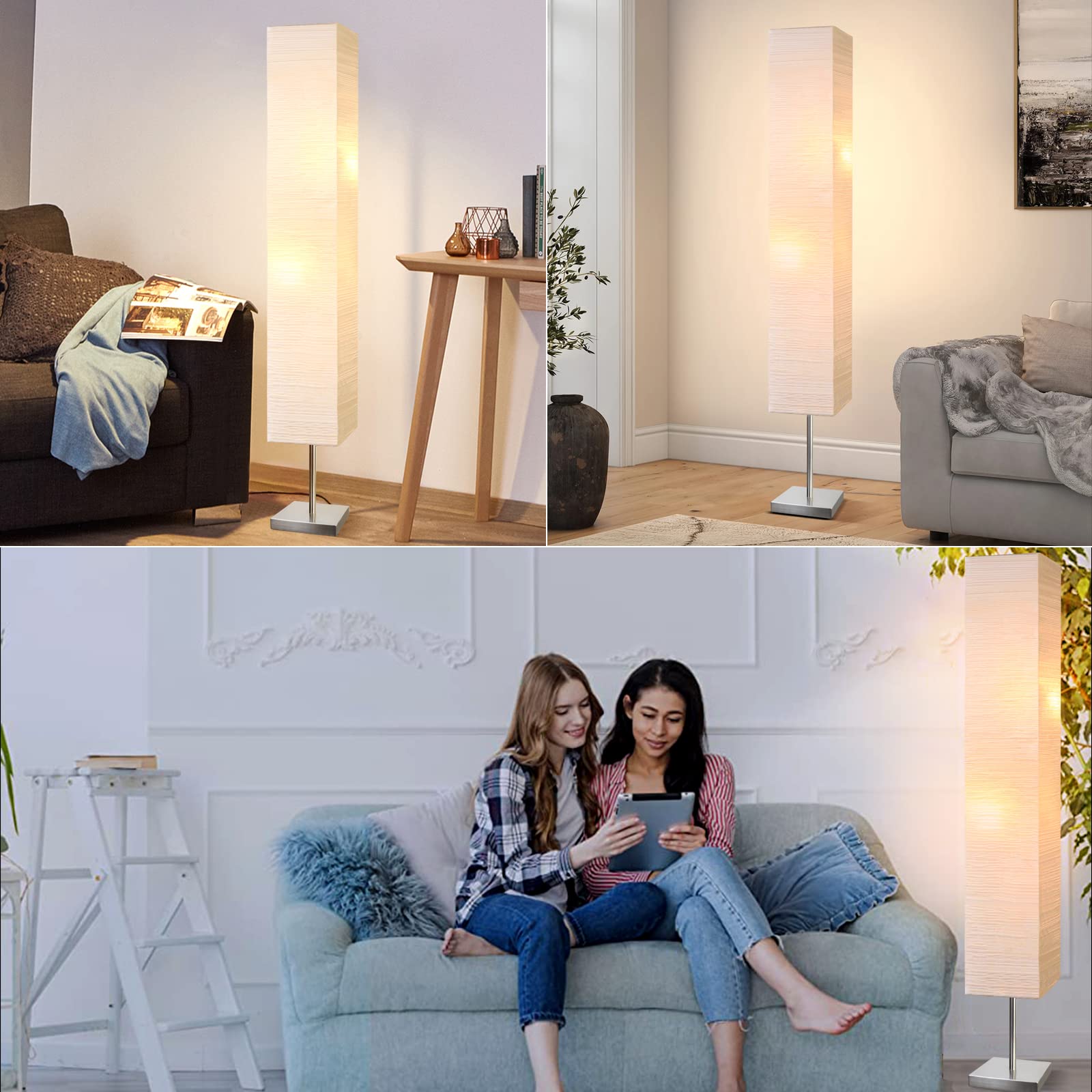 Modern Floor Lamp, Dimmable 3 Levels Brightness Paper Tall Lamp Standing Lamps with Lampshade, 55'' Minimalist Floor Lamps for Office, Kids Room, Reading, Home Decor (Off White)