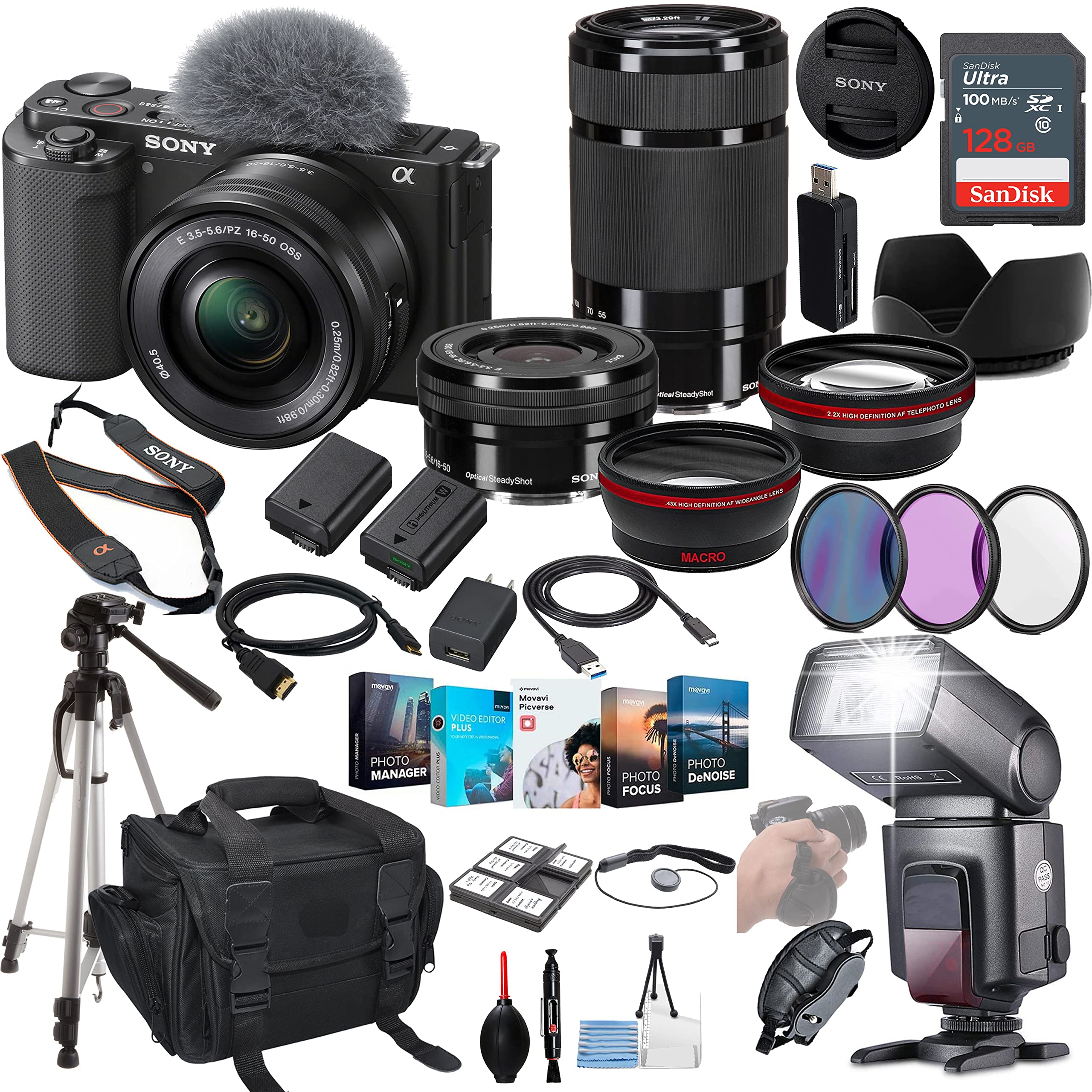 Sony ZV-E10 Mirrorless Camera with 16-50mm Lens (Black) Bundle - ILCZV-E10L/B + Sony 55-210mm Zoom Lens + Prime Accessory Package Including 128GB Memory, TTL Flash, Battery, Software Package & More