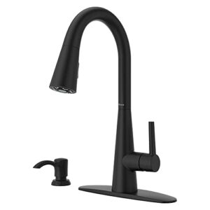 pfister barulli kitchen faucet with pull down sprayer and soap dispenser, single handle, high arc, matte black finish, f5297barb