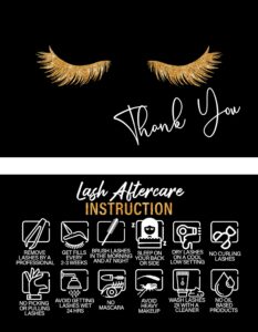 100 pack english lash extension aftercare cards with thank you note, size 3.5”x2” inches, fake eyelashes care cards with complete instructions, black