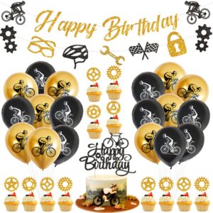 bike birthday party decorations, including banner, cake toppers, balloons, hanging signs bicycle sports theme birthday party supplies for kids and bicycle fans (b)
