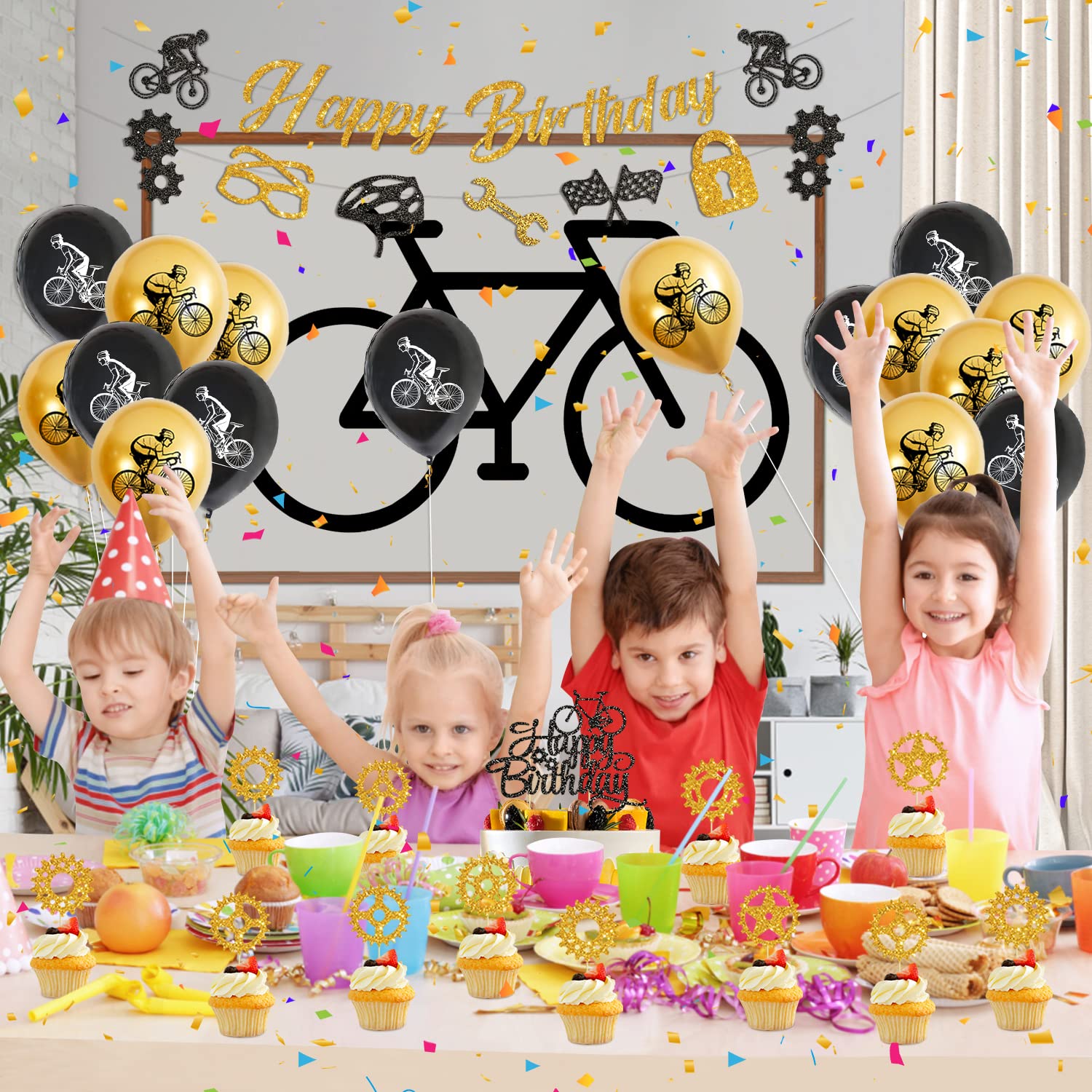 Bike Birthday Party Decorations, Including Banner, Cake Toppers, Balloons, Hanging Signs Bicycle Sports Theme Birthday Party Supplies for Kids and Bicycle Fans (B)