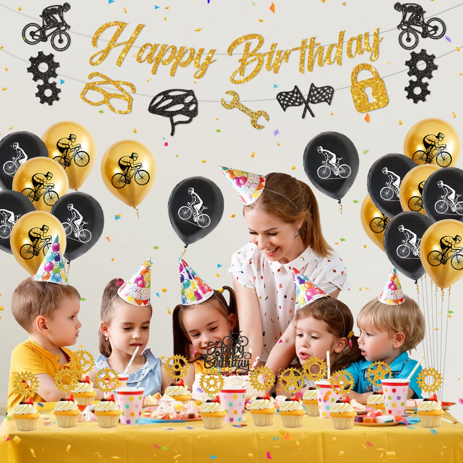 Bike Birthday Party Decorations, Including Banner, Cake Toppers, Balloons, Hanging Signs Bicycle Sports Theme Birthday Party Supplies for Kids and Bicycle Fans (B)