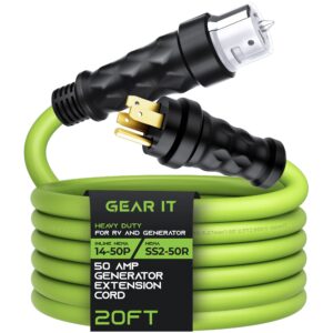 gearit 50-amp generator extension cord (20 ft) inline nema 14-50p to ss2-50r twist lock connector stw 6/3+8/1 awg 125/250v for 50a power inlet box, rv camper, generator to house - 20 feet