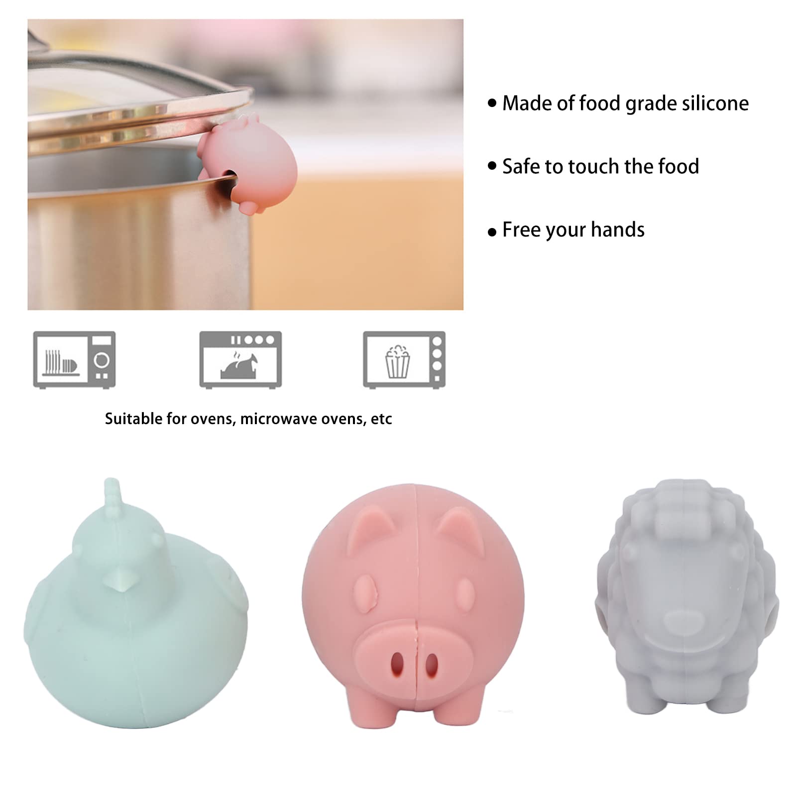 3pcs Pot Side Clips, Prevent Overflow Silicone Cute Animal Shape Pot Lid Lifting Clips Kitchen Cooking Tools
