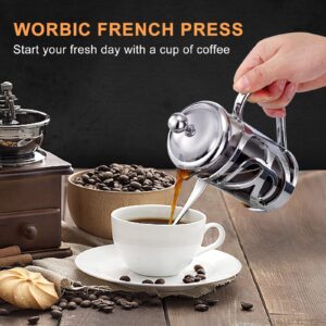 WORBIC French Press Coffee Maker, 3 Level Filtration System, Coffee Press with Heat Resistant Borosilicate Glass, 12oz Coffee French Press with Mini Coffee Canister & 2 Extra Filters(Silver)