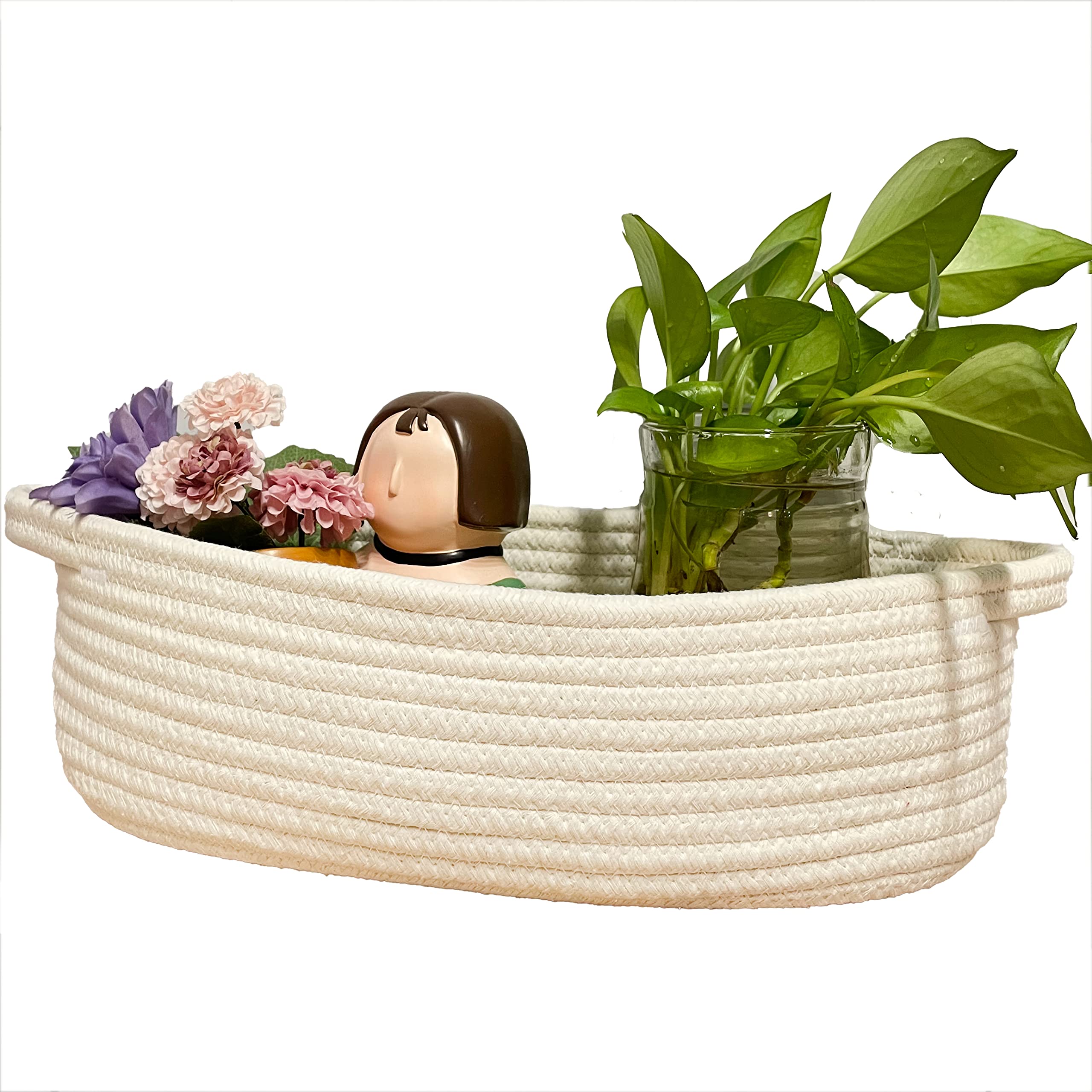 Woven Storage Basket Cotton Rope with Handle for Nursery Diaper, Blankets,Toys, Toliet Paper, Magazine and Keys, Cute Nursery Decor - 13"*7"*4"(White, 1)