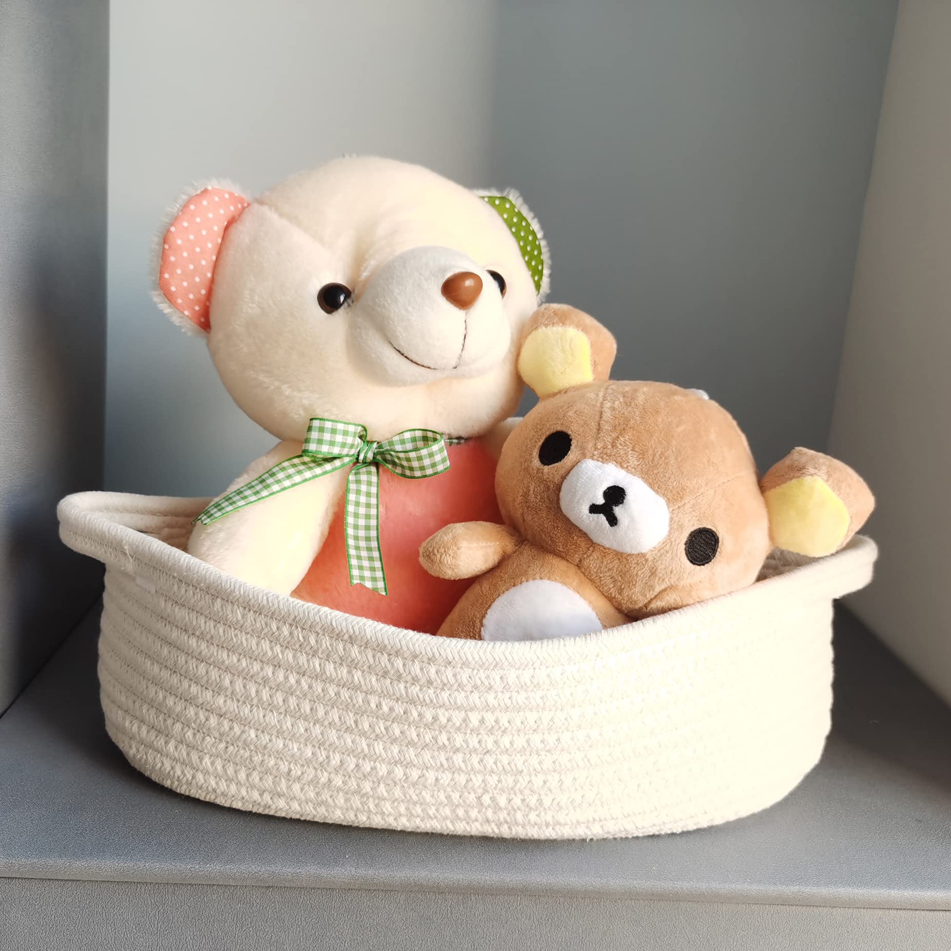 Woven Storage Basket Cotton Rope with Handle for Nursery Diaper, Blankets,Toys, Toliet Paper, Magazine and Keys, Cute Nursery Decor - 13"*7"*4"(White, 1)
