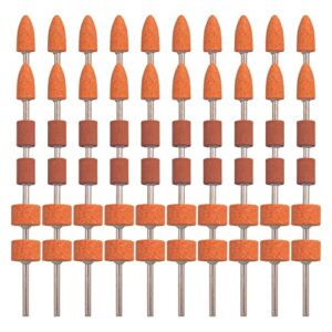shitime 60 pack grinding stone set 1/8" shank, sanding drill bit for rotary tool flap wheel for grinding, polishing, deburring ferrous metal, 2 shaped and 3 sizes(orangage, aluminum oxide)