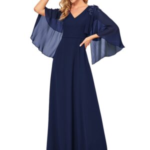 Ever-Pretty Women's Long Cape Sleeve Chiffon Maxi Evening Dress Navy Blue US4