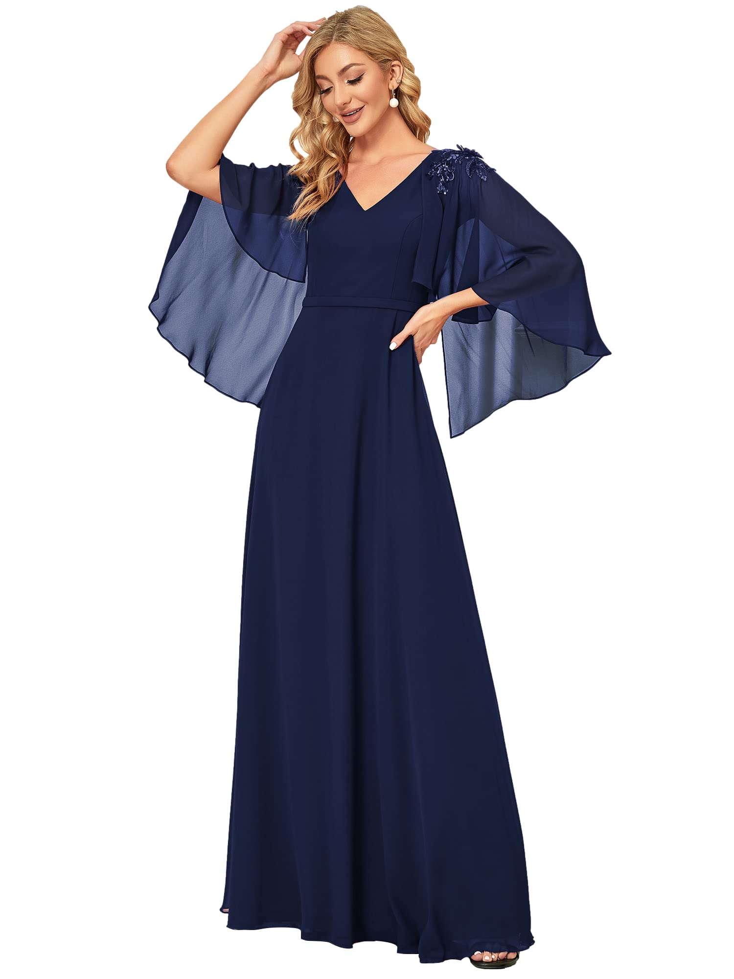 Ever-Pretty Women's Long Cape Sleeve Chiffon Maxi Evening Dress Navy Blue US4