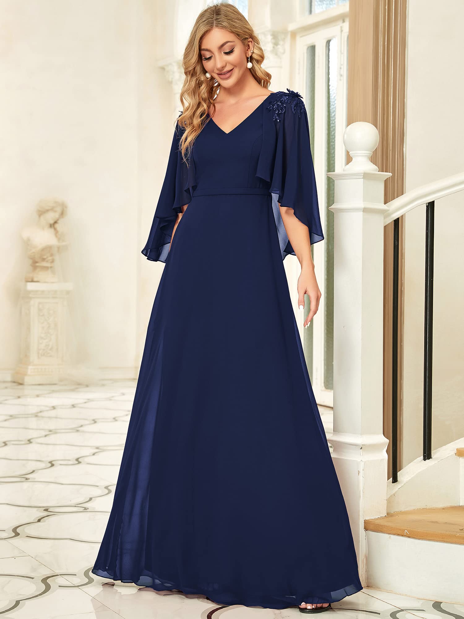 Ever-Pretty Women's Long Cape Sleeve Chiffon Maxi Evening Dress Navy Blue US4